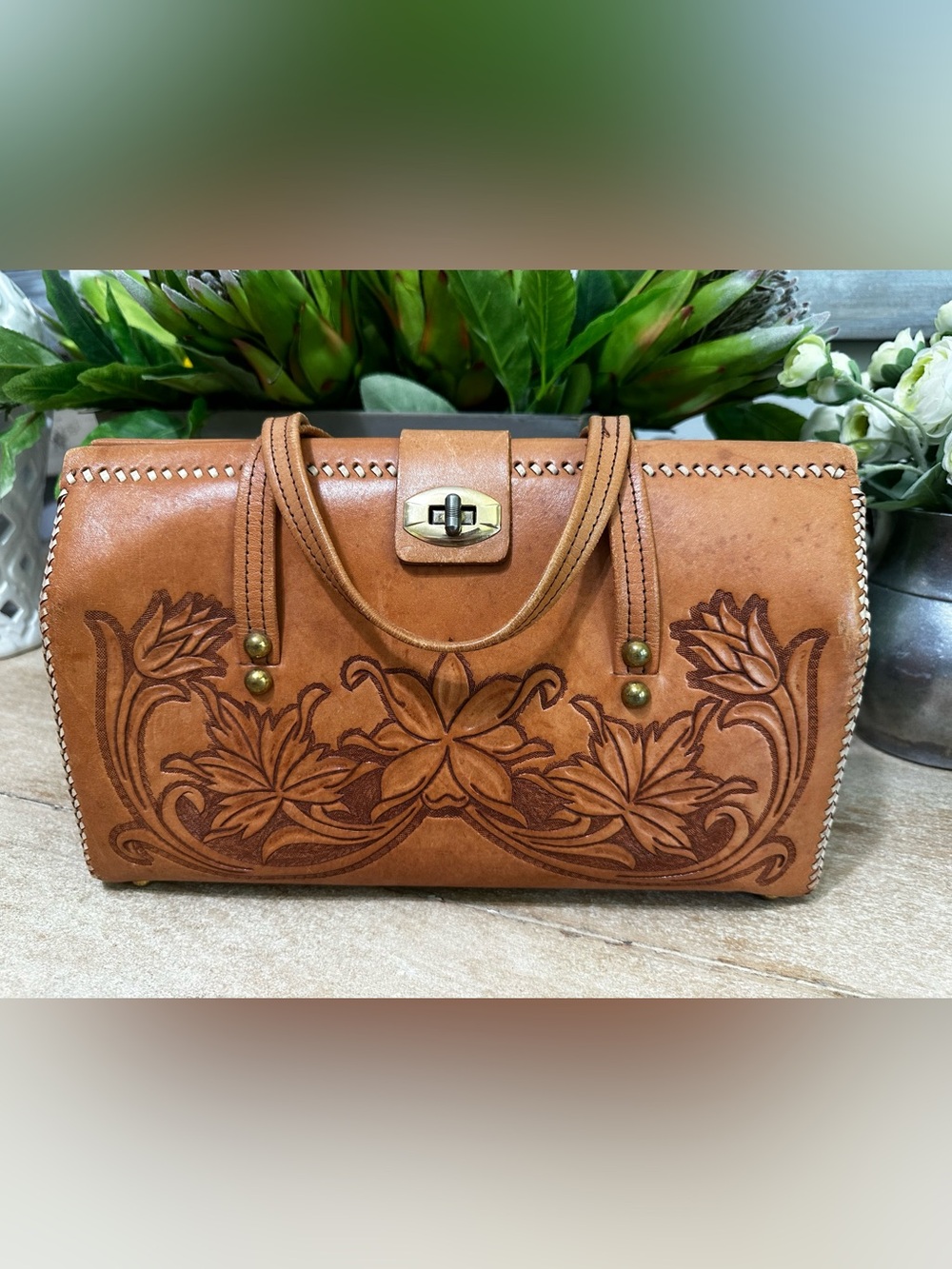 Vintage Tooled Leather Floral Handbag Western Boho